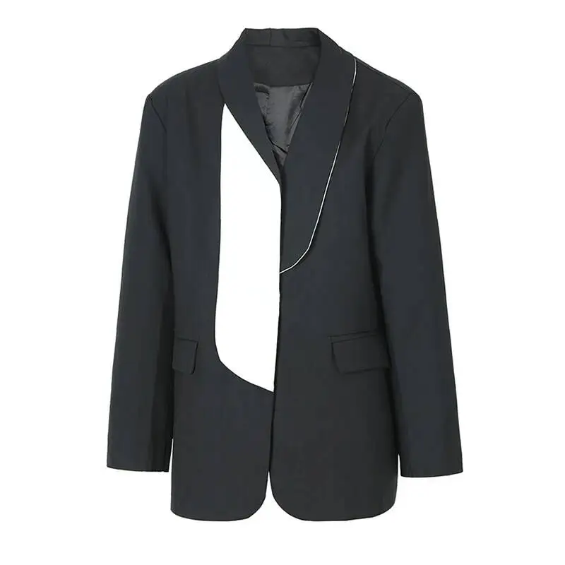 Black Color-block Women Big Size Blazer New Lapel Long Sleeve Loose Fit Jacket Fashion  Spring Autumn 2026 ONQN