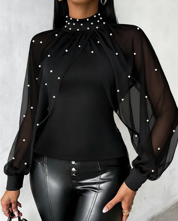 

Woman Blouse New Pearls Decor High Neck Chiffon Draped Cape-Style Cloak Sleeve Spliced Tee Ruched Hollow-Out Back Slim Fit Top