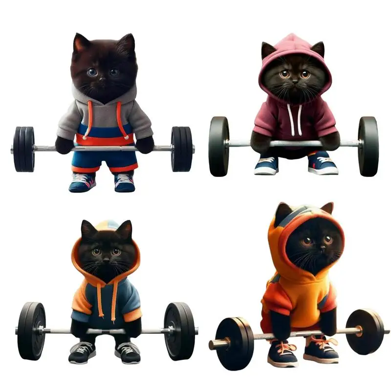 Anime Fitness Cat Figurine Sculpture Modern Office Home Decor Ornaments Cute Barbell Black Cat Statue Collectible Creative Gifts