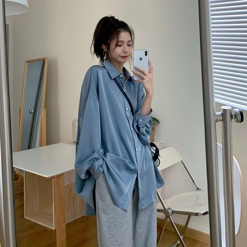 Spring Summer 2021 Women Shirt Oversize Elegant Blouses for Women Lantern Sleeve White Shirt Mid-length Shir Coat Women Tunic