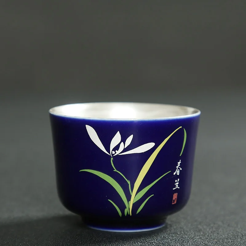 130ml Blue Gilt Silver Teacup Handmade Ceramic Boutique Tea Cup Portable Single Cup Tea Bowl Household Teaware Accessories