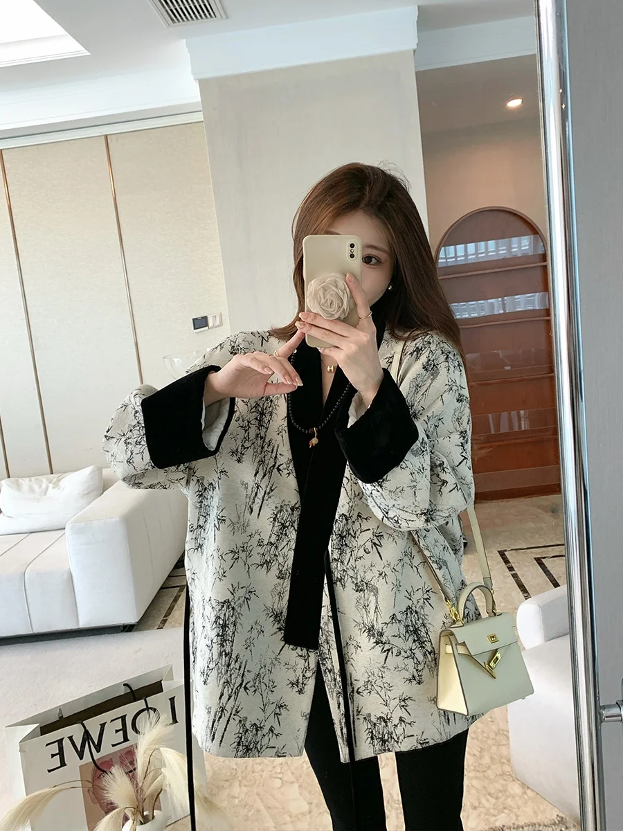 

Новая женская куртка MUKOK в китайском стиле, весенне-осенний кардиган с вышивкой и принтом, свободный крой, V-образный вырез, длинный рукав.