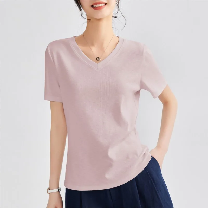 BOWEYLUNV однотонная повседневная футболка с v-образным вырезом и короткими рукавами, женские летние новые приятные для кожи дышащие топы, женские