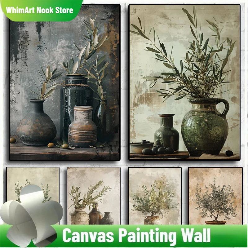 Rama de olivo antigua mediterránea, planta verde, cocina rústica, florero elegante, póster, pintura en lienzo, imagen de pared, decoración del hogar