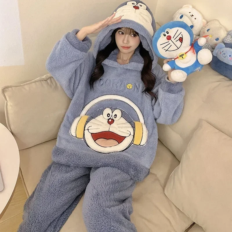 Doraemon autumn and winter pajamas for women cartoon cute thickened plus velvet coral velvet home clothes set gift wholesale