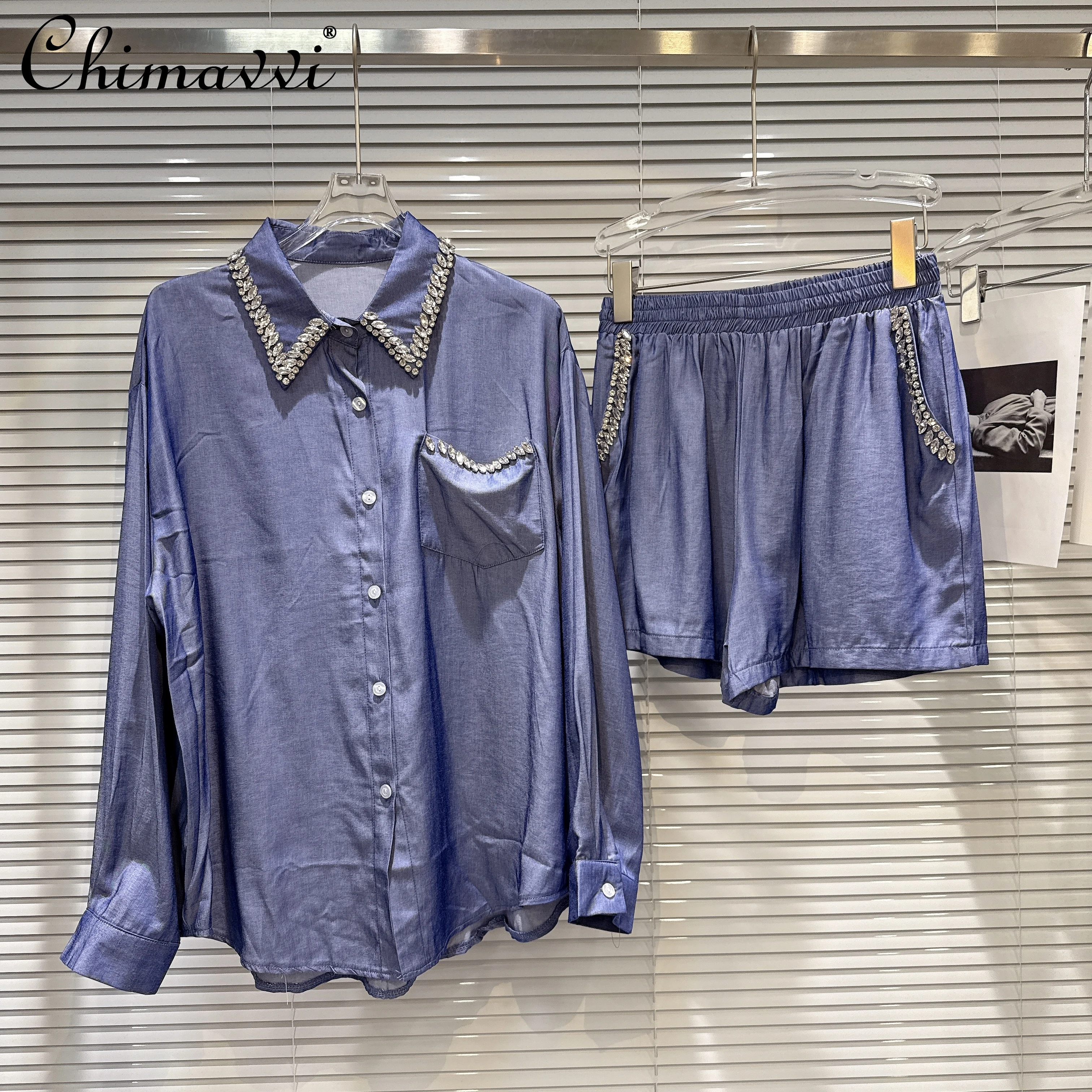 

2025 Summer New Heavy Industry Rhinestone Bead Collar Shirt Top Elastic Shorts Two-piece Set Loose Casual Light Women's Outfits