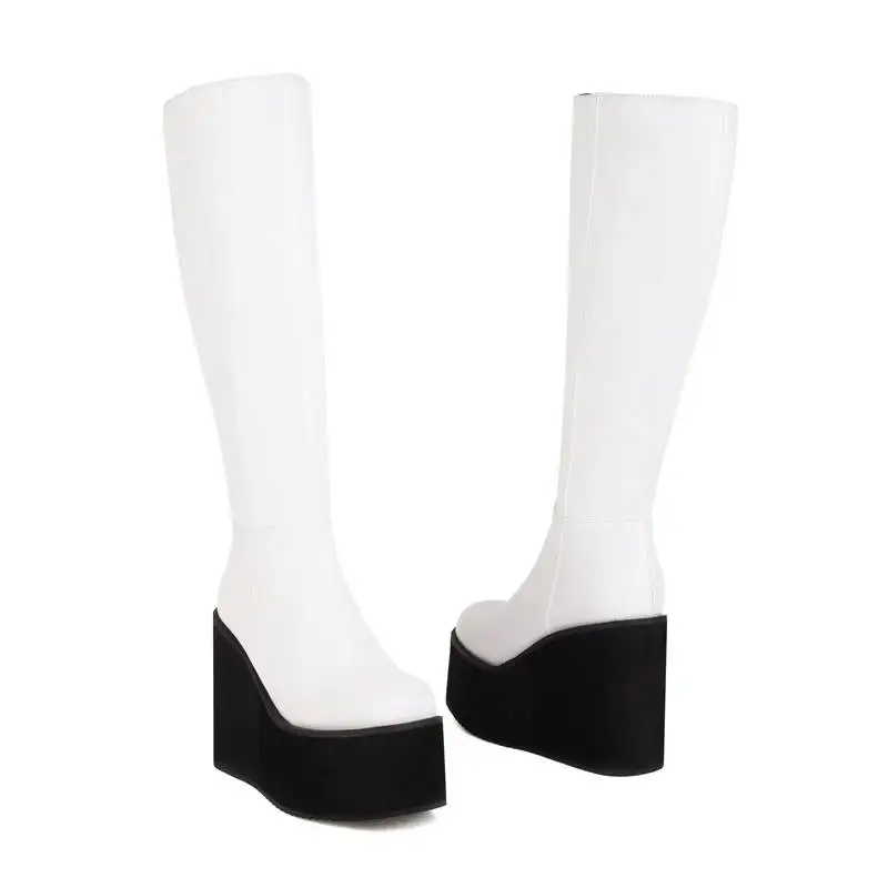 ASILETO Ladies Knee-high Boots 37cm Round Toe Wedges High Heel 11.5cm Platform 6cm Zipper Plus Size 43 Winter Shoes
