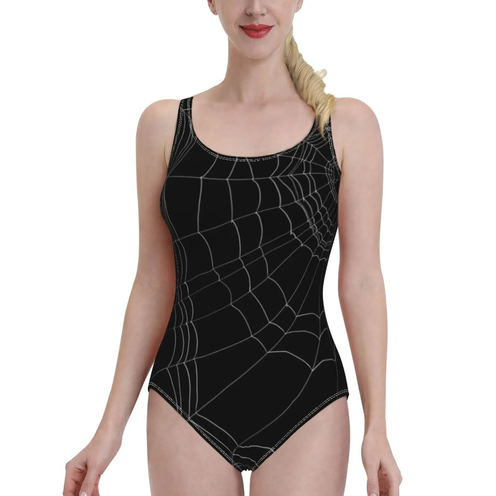 Lazy Spider\'S Web Deep V-Neck Halter One-Piece Swimsuit Ladies Monokini Beach Bathing Suits Swimwear Goth Gothgoth Spider