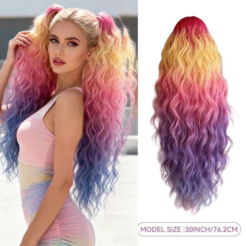 

Rainbow Colored 30 inch Soft Dyed Synthetic Claw Super Long Wavy Ponytail Extension Water Wave PonyTail Clip in Hair Extensions