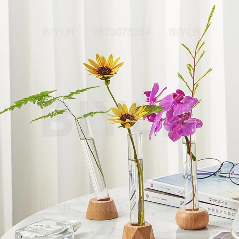 Glass Test Tube Clear Vase with Wooden Base  Home Decor Space-Saving Transparent Hydroponic Vase Tabletop Decor Plant Flower Pot