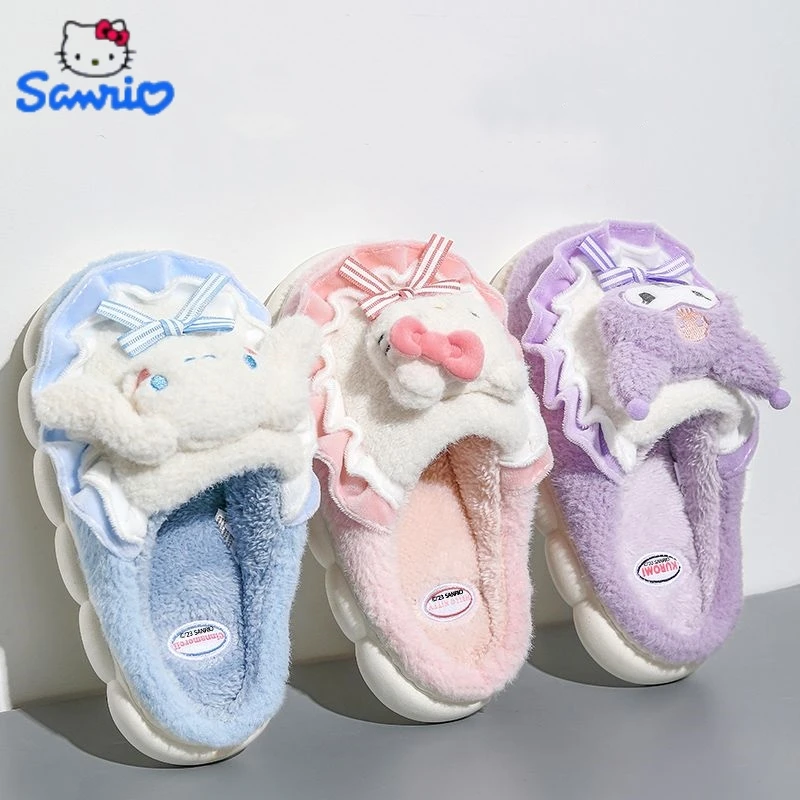 Sanrio Hello Kitty Slippers Kawaii Cinnamoroll My Melody Cotton Slippers Women\'s Winter Velvet Kuromi Warm Home Slippers Shoes