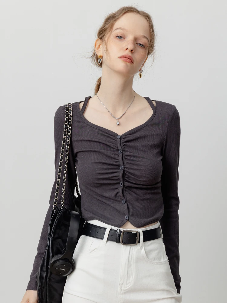 

EGGKA Однотонная футболка с длинным рукавом, плиссированная, приталенная, уникальный базовый топ, осенняя новинка