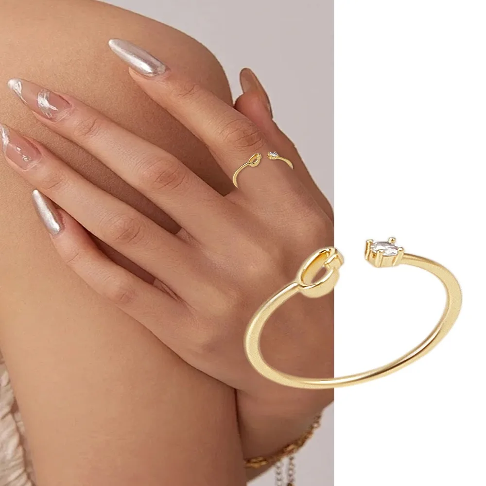 

1Pc Letter Brass Rhinestone Open Cuff Rings for Women Letter C Inner Diameter: 17~18mm