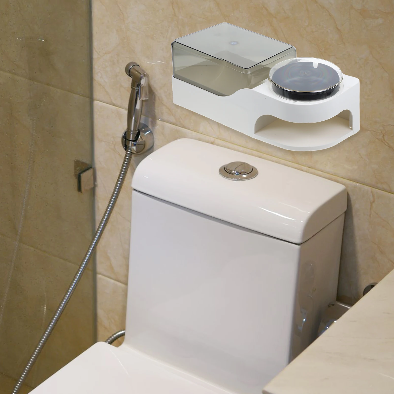 

No Drill White Tissue Box Black Ashtray Lid Wall Mount Bathroom Paper Holder Waterproof Dispenser Wipes Storage Organizer Trash