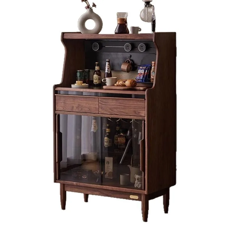 

Solid wood multi-functional dining side cabinet, black walnut color, living room rock slab locker, wine cabinet storage