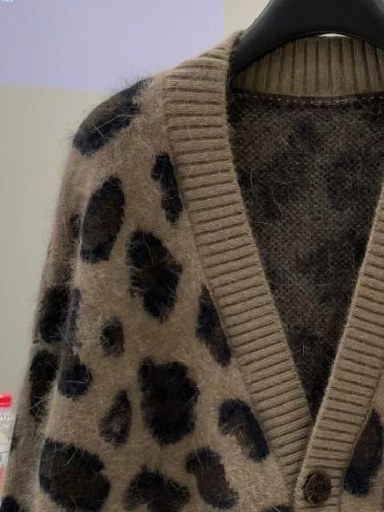 Oversized Cardigan for Women Autumn Clothing Vintage Sueter Mujer Fashion Casual Leopard Print Knitted Sweater Coat Pull Femme