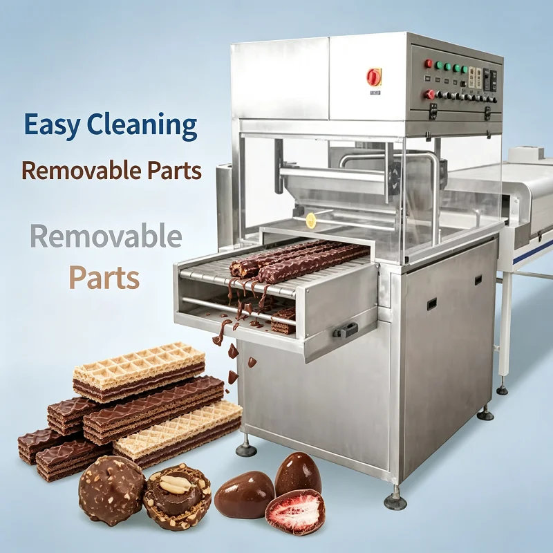 Automatic Table 4 00 Chocolate Enrobe Con Conveyor Line Wafer Enrober Machine Cokelat Sepenuhnya Otomatis
