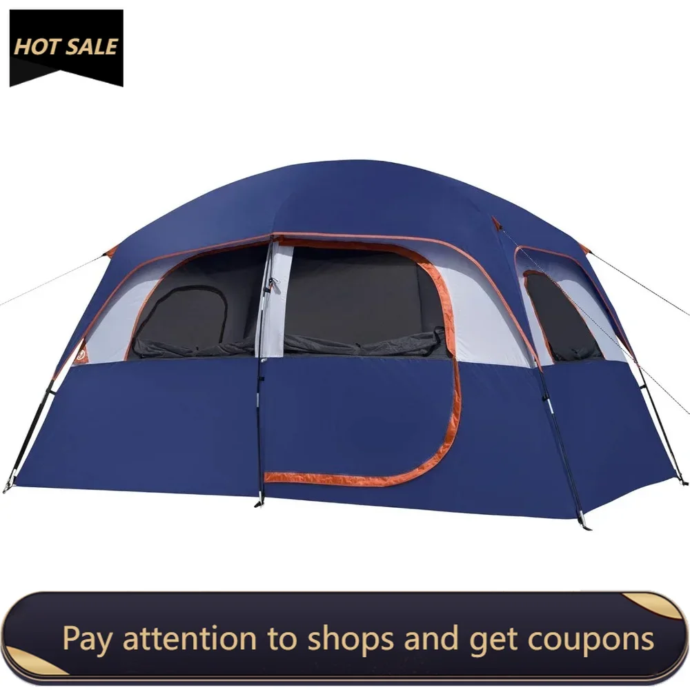 Tent-6/8-Person-Camping-Tents, Waterproof Windproof Family Tent with Top Rainfly, 4 Large Mesh Windows，Double Layer Freight free