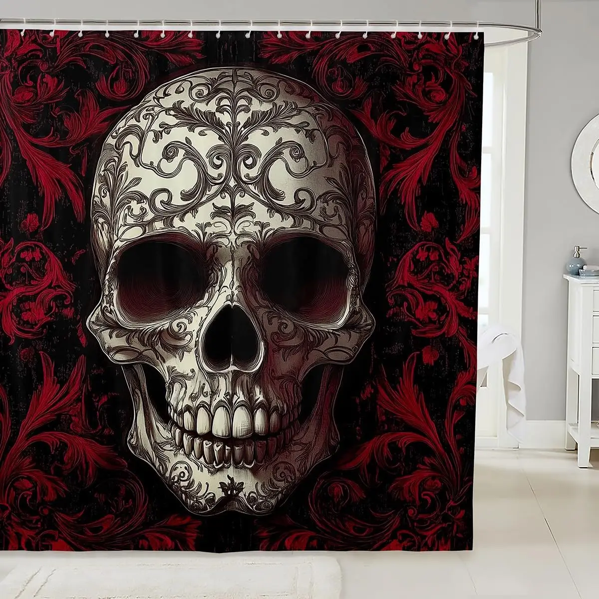 Gothic Skull Skeleton Shower Curtain Black Red Macabre Bathroom Decor Waterproof Halloween Grunge  72x72 Inches