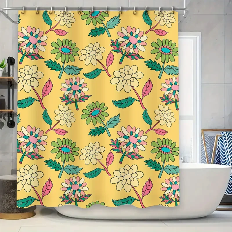 

Красочная занавеска для душа с цветочным принтом, декор для ванной комнаты, желтый, зеленый, розовый, белый цветочный узор, водонепроницаемая ткань PEVA для дома