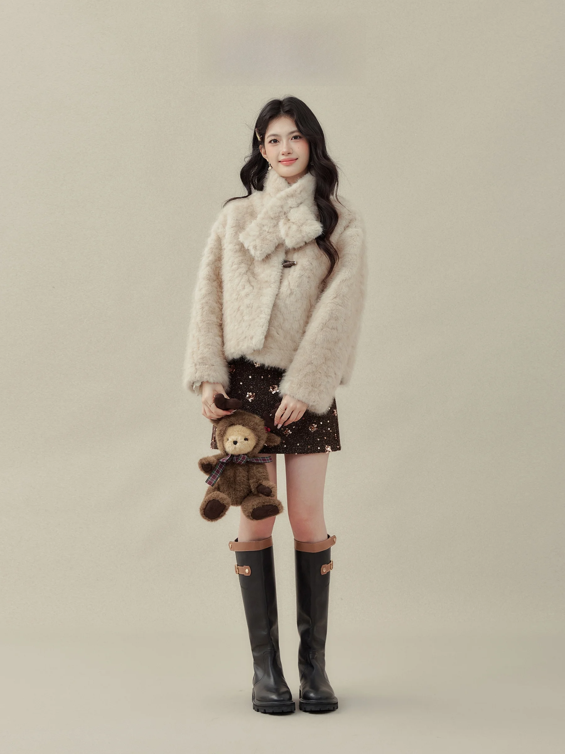 Ele ort Thiened Stand Collar Fur Jaet Women's Outerwear Inteated Leather And Fur Autumn Winter New Arrival Xine...