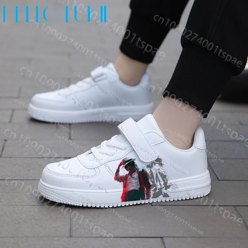 حذاء مايكل جاكسون للشباب والطلاب والأطفال باللون الأبيض للأولاد والبنات موديل جديد متين وطباعة نعل بلون سادة