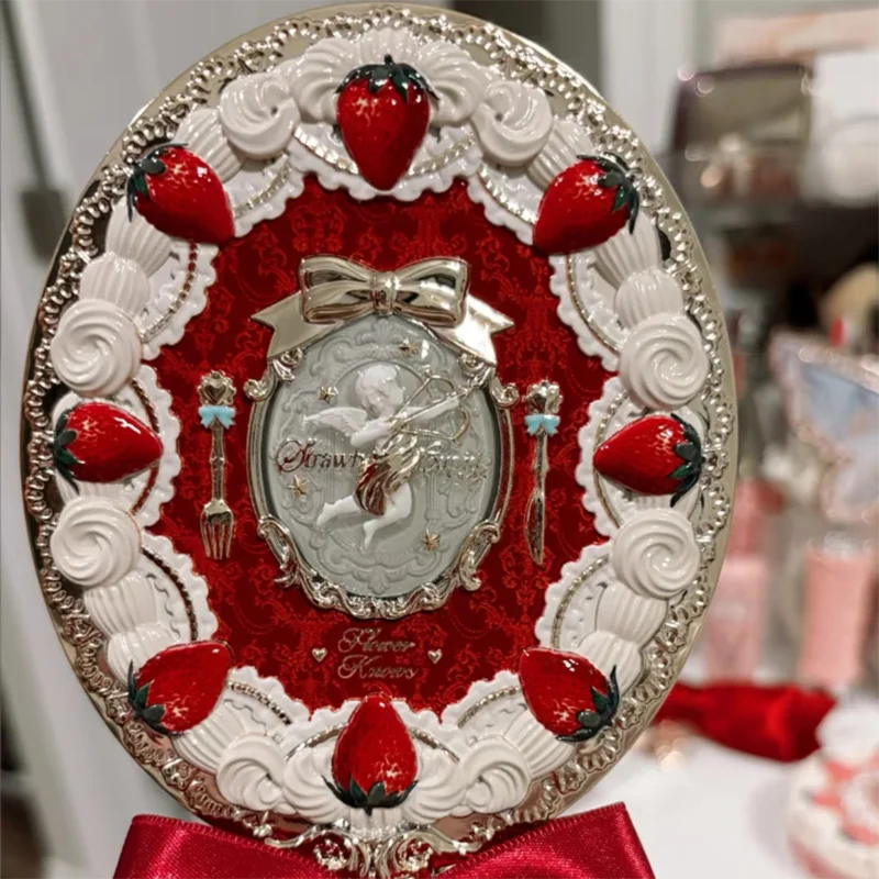 Espejo de mano de Cupido de fresa con conocimiento de flores, espejos de maquillaje con ventana de flores, espejo Vintage