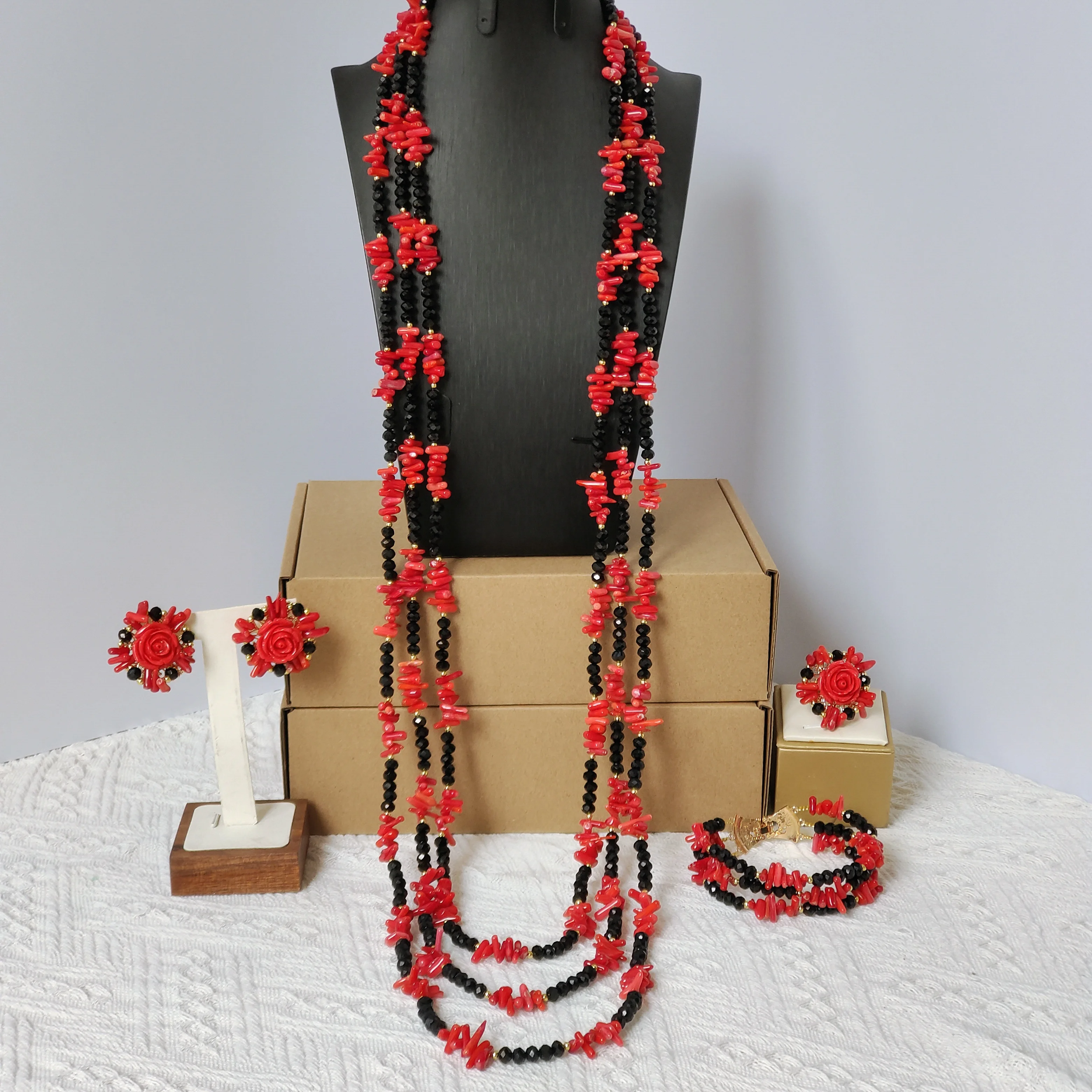 

40inches 3layers Coral Beads and Crystal African Beads Jewelry Set