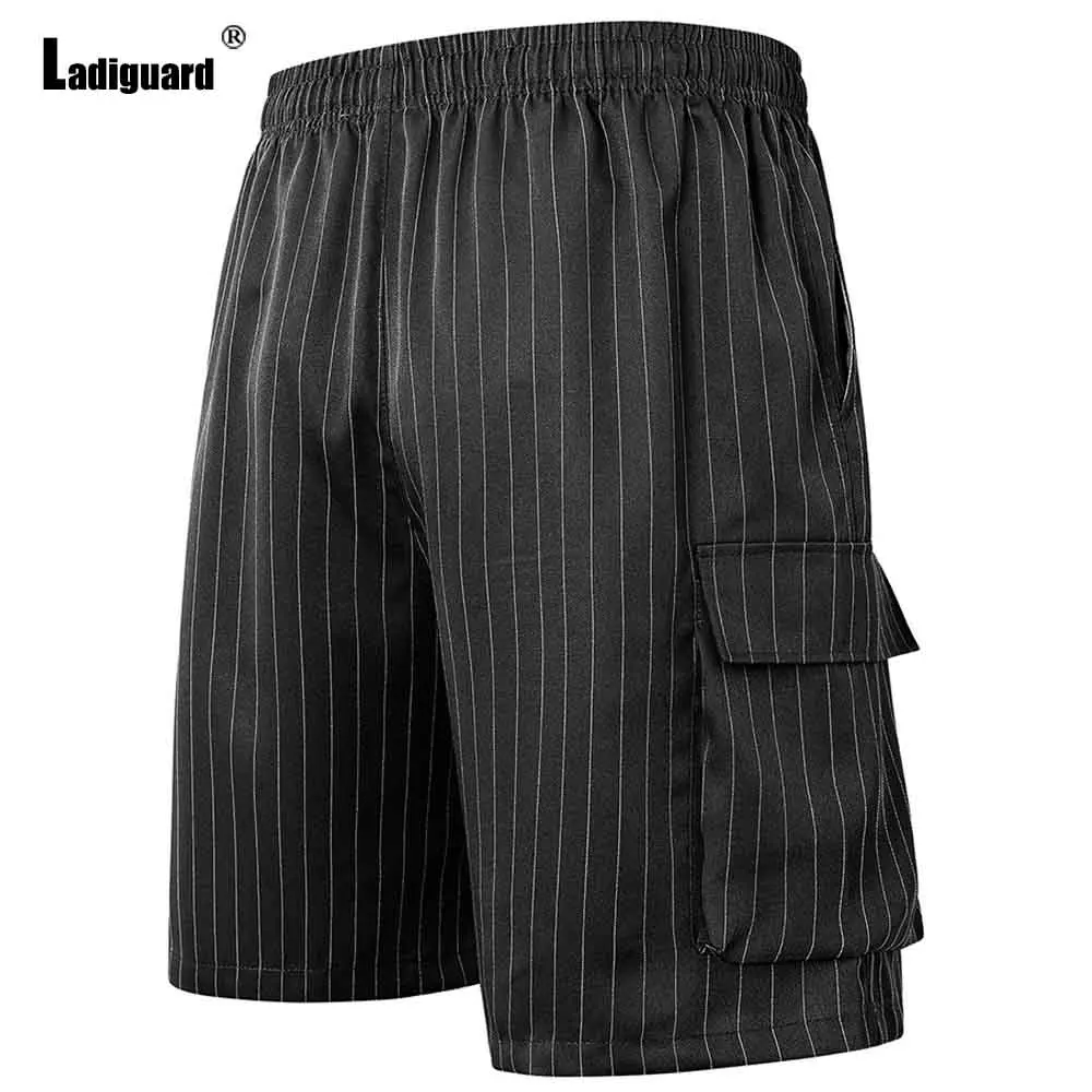 Ladiguard Sexy Men's Stand Pocket Cargo Shorts 2025 European Style Casual Beach Short Pants Men Vintage Stripe Drawstring Shorts