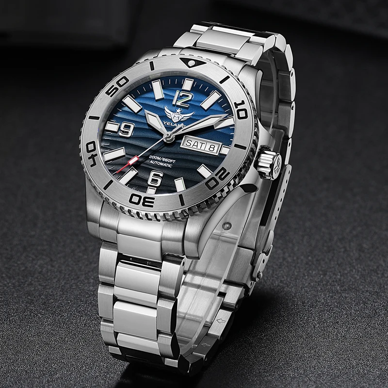 YELANG Men Automatic Watch 42mm Mechanical Wristwatch Diver 20ATM Waterproof BGW-9 Luminous Sapphire Mirror SW200 Dual Calendar