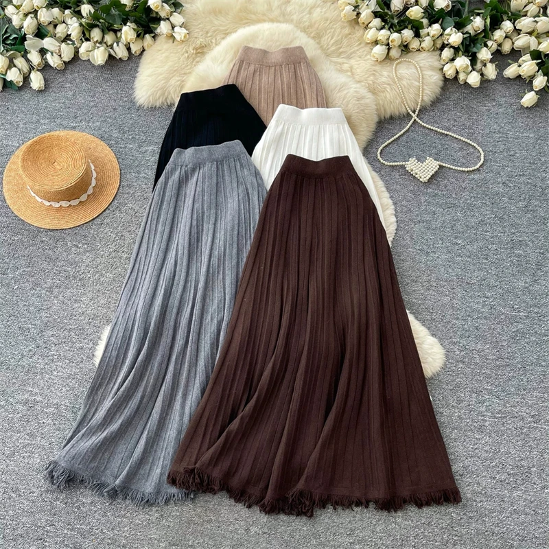 Women Knitted Tassel Long Skirt Autumn Winter High Waist Pleated A-Line Flared Skirt Elastic Waist Solid Color Elegant Bottoms