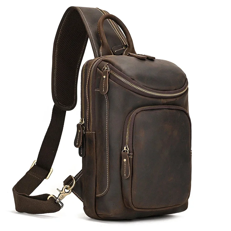 High Capacity Leather Chest Bag For Men Crossbody Single Shoulder pack Man Travel Pack Genuine