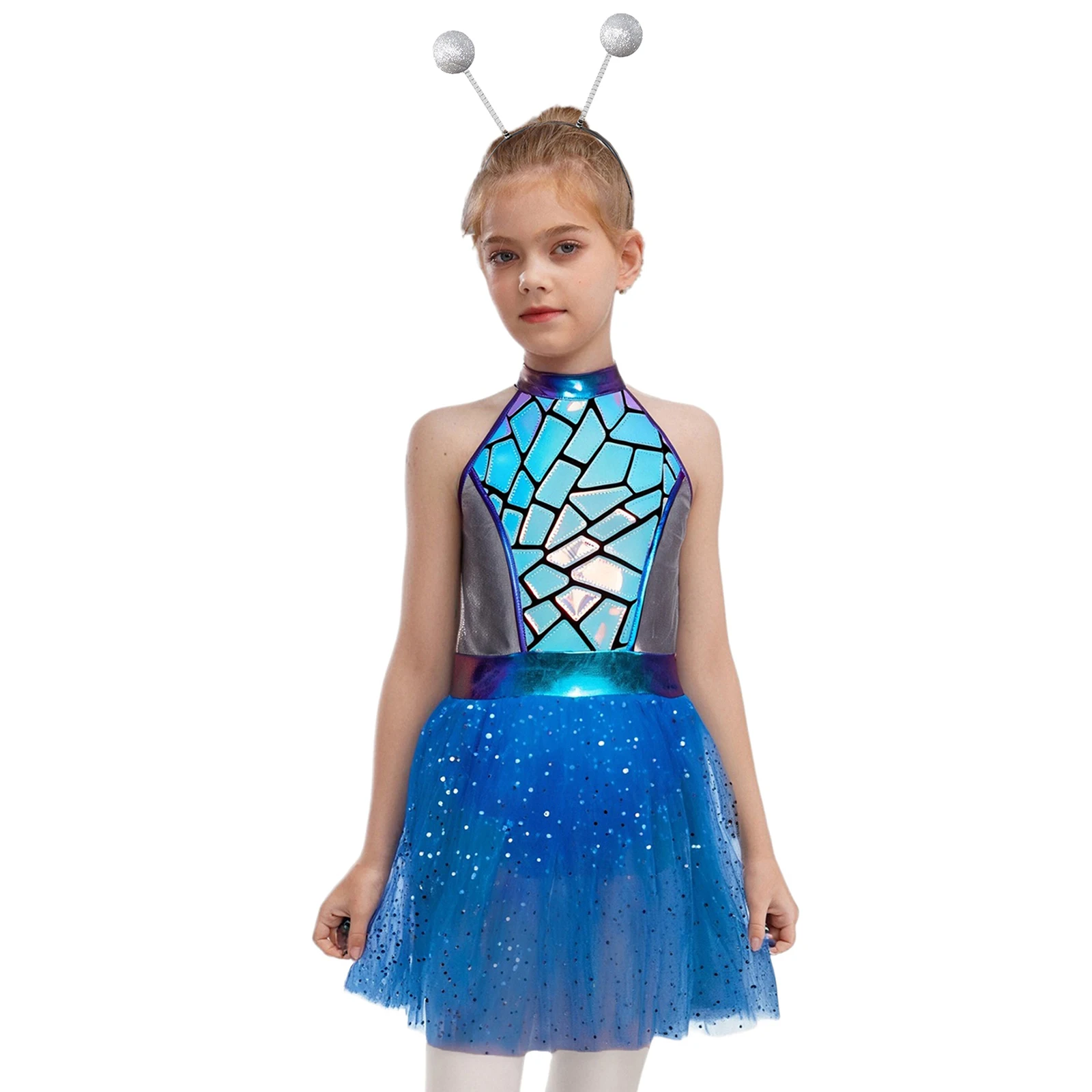 

Хэллоуин Карнавал Инопланетянин Косплей Костюм Блестящая Металлическая Холтер Сетчатое Платье-пачка Без Рукавов с Обручем Для Волос