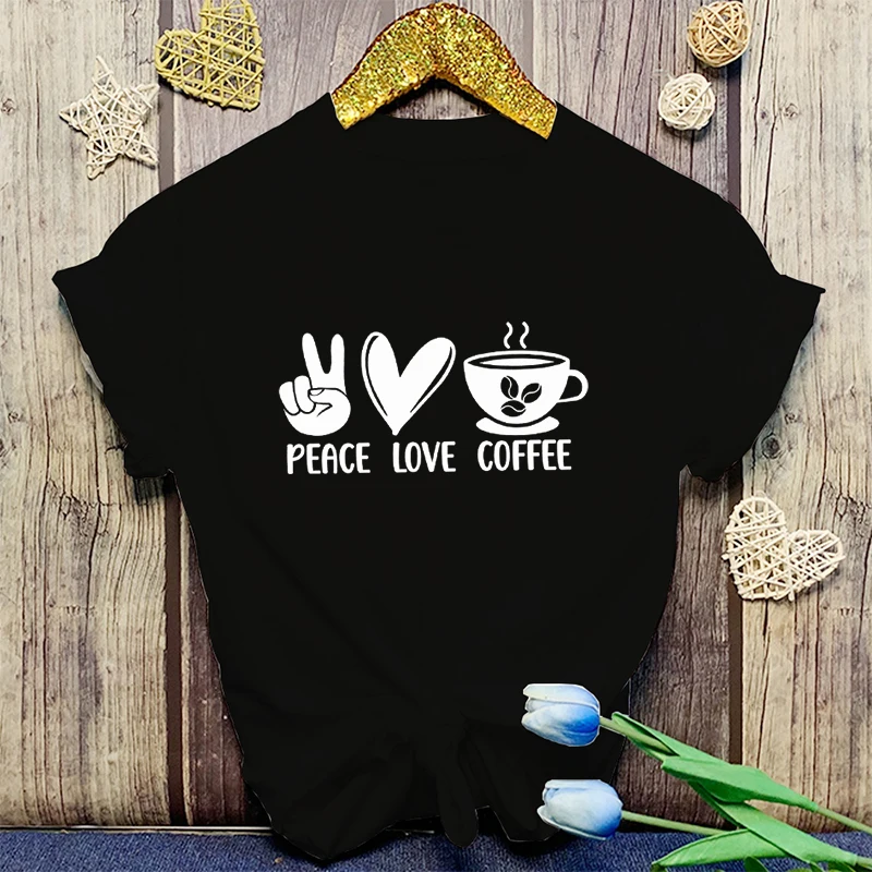 

Funny Peace Love Coffee Print T-Shirt Women Men Summer Casual Short Sleeve Shirt Fashion Loose Tops