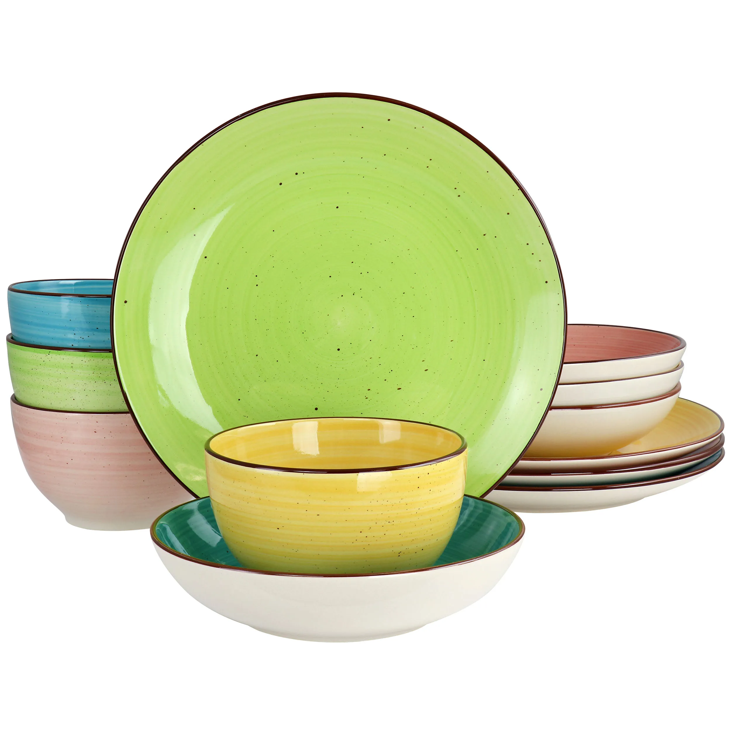 

Hudson 12-Piece Double Bowl Stoneware Dinnerware Set in Mixed Colors