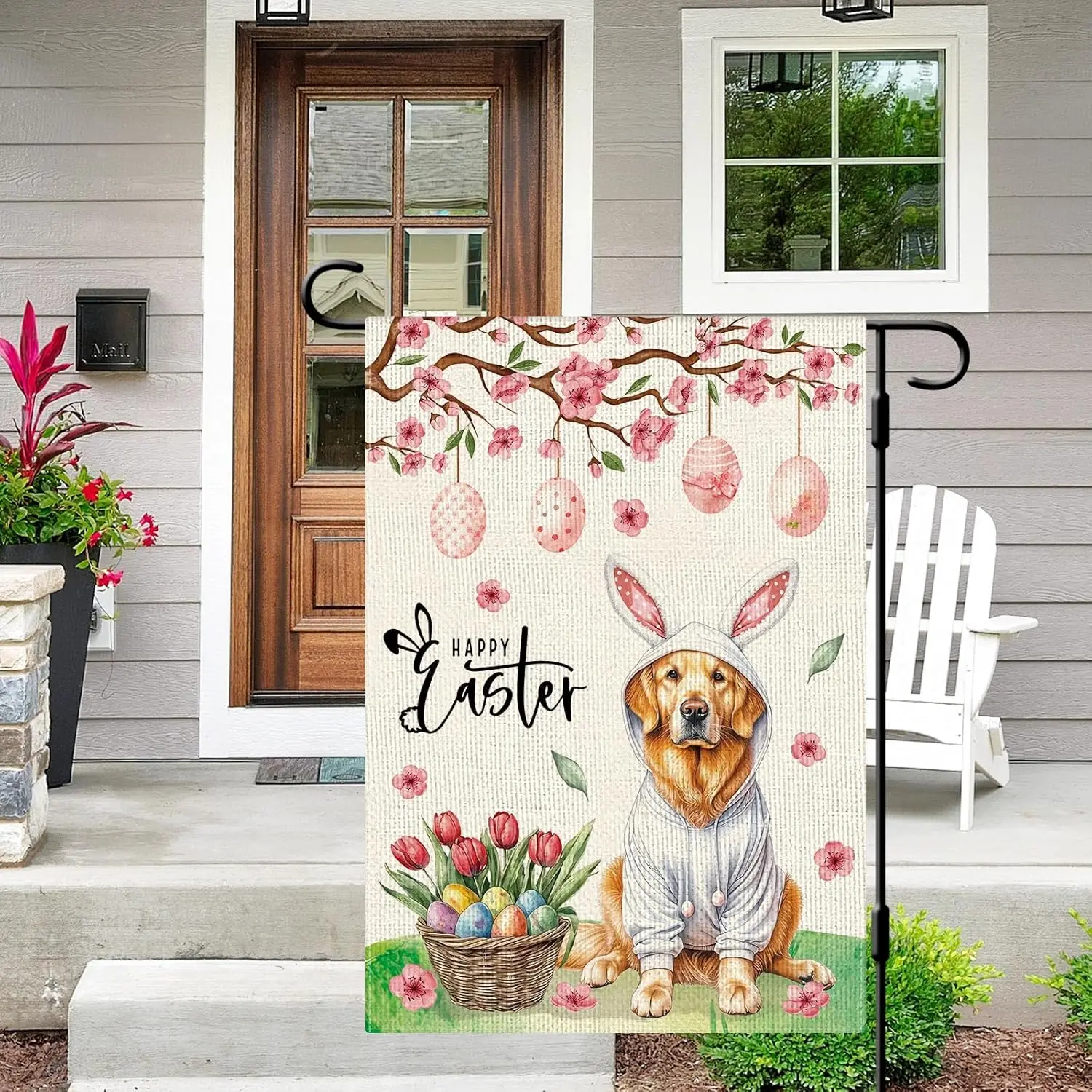 DLZDN Easter Dog Garden Flag Golden Retriever Eggs Flag 12×18 Inch Double Side Vertical Burlap Farmhouse Yard Sign Spring Ho ZZM