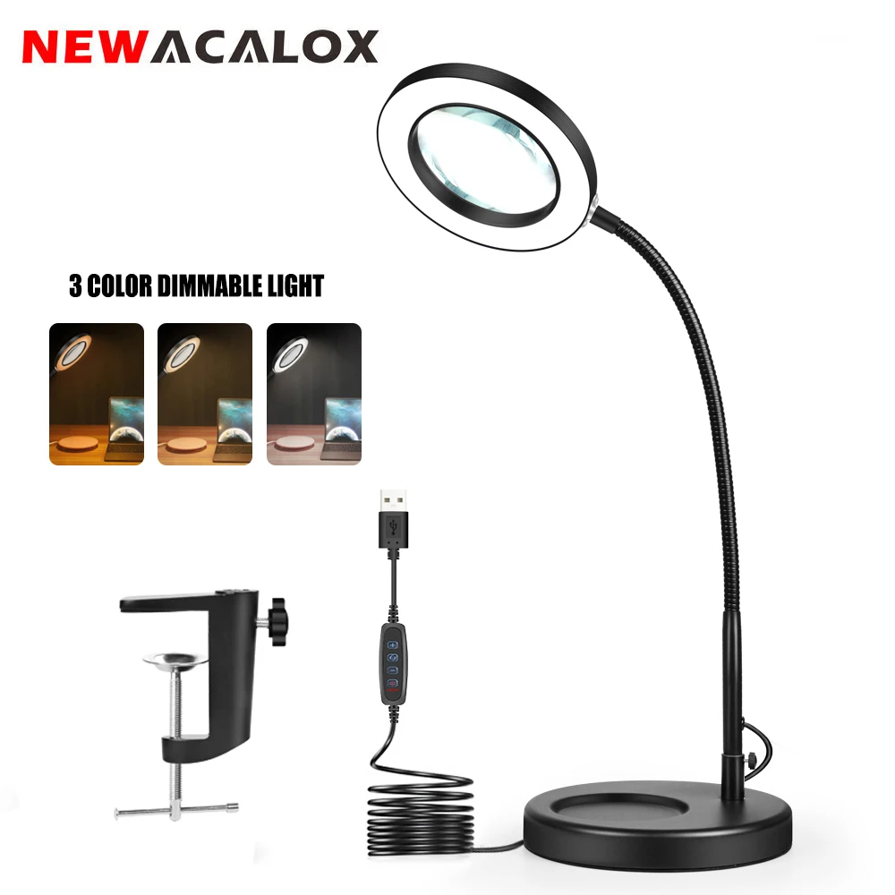 NEWACALOX USB 5X Magnifying Glass LED Lamp Stand and Clamp 2 in 1 Magnifier Light for Reading Office Home Illuminated Tool