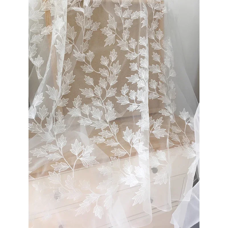 Off White Leaf Floral Lace Fabric for Wedding Gown Couture Dress Tulle Embroidery Lace Fabric Designer Fabric By the yard