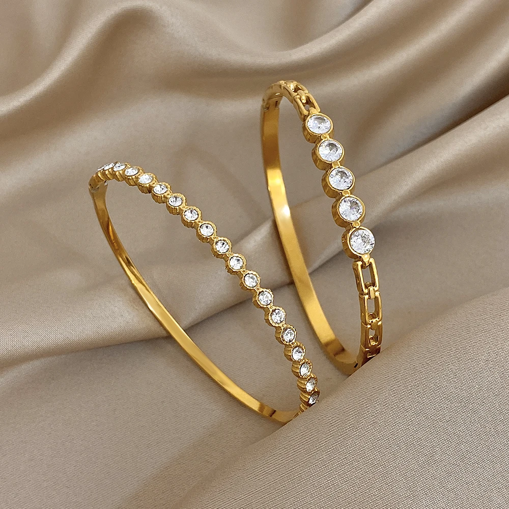 

Freetry Simple Rhinestone Stainless Steel Cuff Bracelet Women Elegant Geometry Golden Stackable Spring Bangle Waterproof Jewelry
