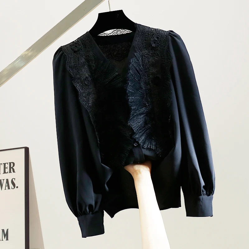 

Ele Long Sve Soluble Lace Hollow out Hook Flower Tee Dimensional Splicing Single Button irt Faion Slimming Trendy