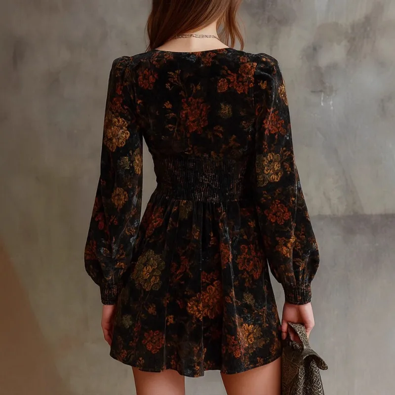 Women's Autumn Spring Dresses Skirts Floral Prints V-neck Velvet Seductive Fitted Waist Long Sleeves Casual Minimalist Niche New