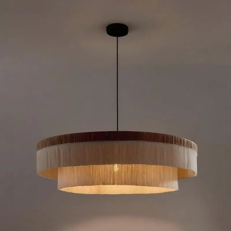 Nordic Wabi-sabi Double Layer Tassel Pendant Lamp, Bohemia Fringe Circular Chandelier for Restaurant Bedroom Home Decor Lighting