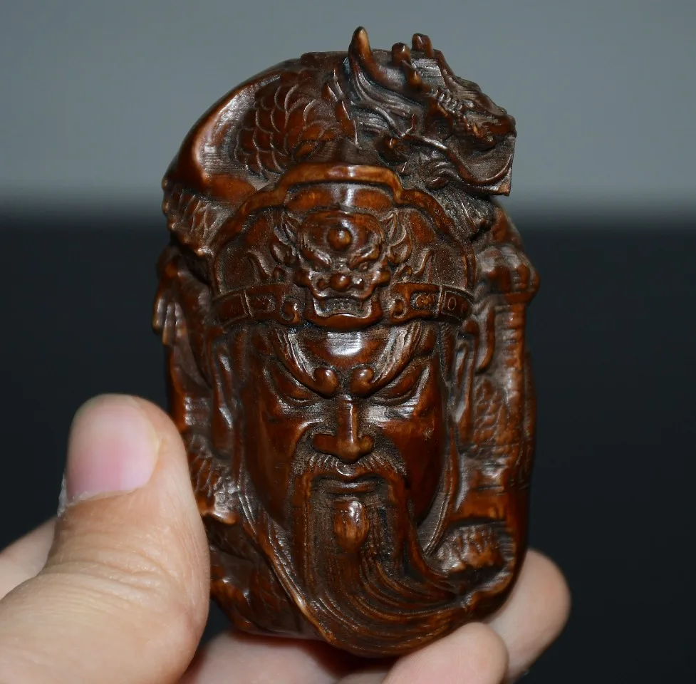 

3"Tibetan Temple Collection Old Boxwood Guan Yu Guan Yunchang Immortal Buddha Head Pendant Amulet Dharam Worship Hall