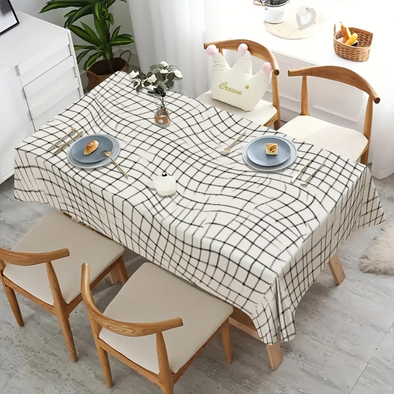 Wavy Grid Tablecloth, White Base With Distorted Black Grid Print, Rectangular Table Cover for Dining Kitchen Home Decor