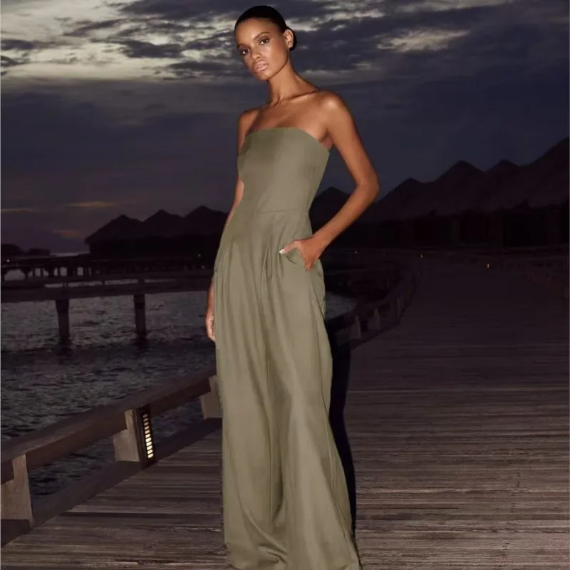 

Женский повседневный комбинезон без рукавов, с открытой спиной, однотонный, с широкими штанинами, плиссированный, без бретелек, летний, новинка 2026, шикарный женский комбинезон-плейсьют