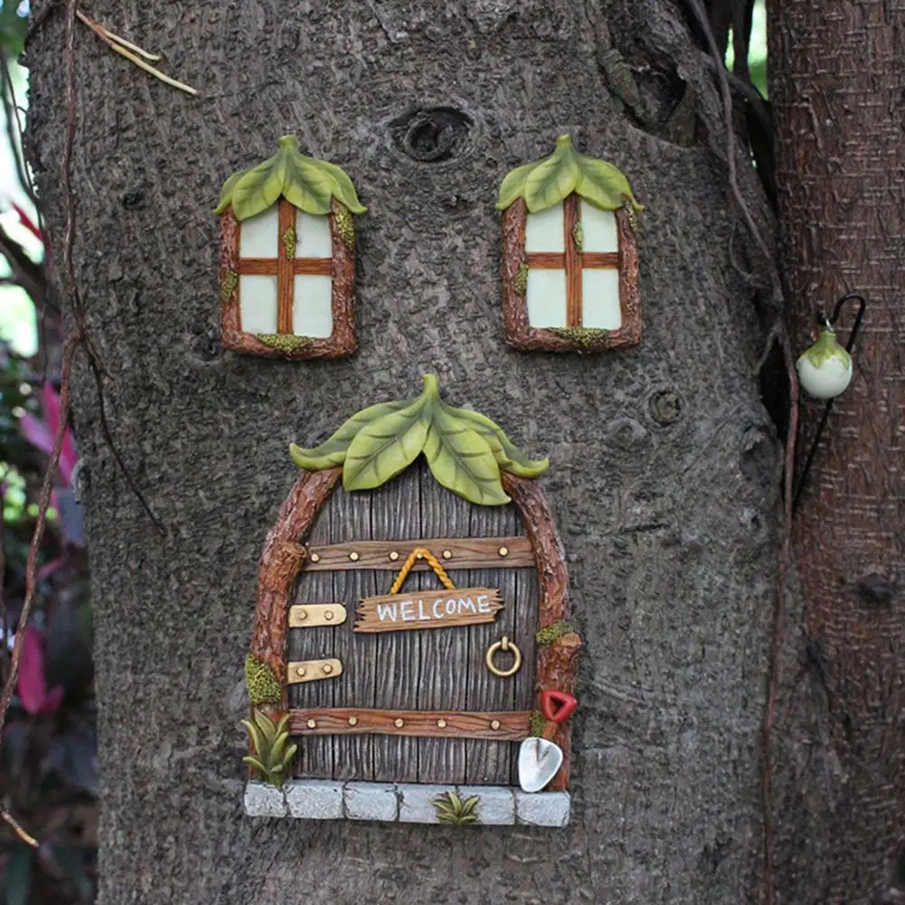 1 Set Garden Art Statues Fairy Door Window Glow in The Dark Yard Art Sculpture Decor Resin Miniature Fairy Garden Door Statues