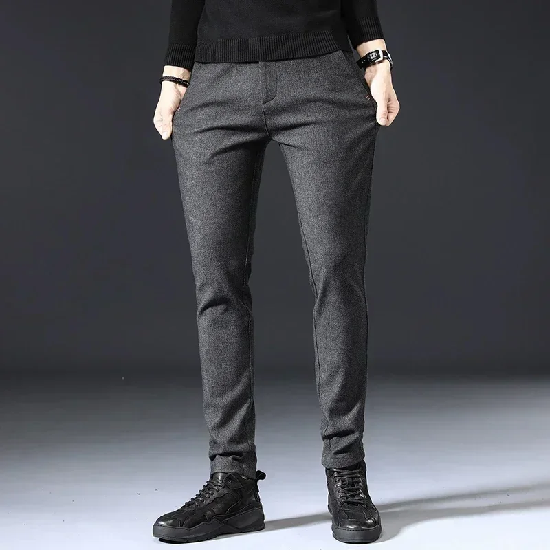 Autumn Winter New Thick Casual Pants Men Business Fashion Slim Stretch Black Blue Grey Brand Clothes Brushed Trousers Male 28-38