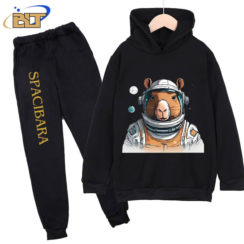 Capybara astronaut children's clothing kids hoodie set black sports sweatshirt pants 2-piece set suitable for boys and girls