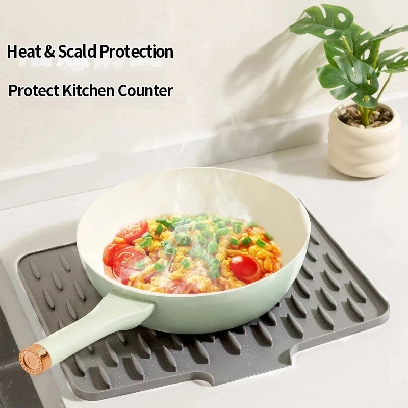 Silicone Dish Drying Mat with Built-In Drainage Non-Slip Heat-Resistant Kitchen Countertop Sink Refrigerator Pad Easy to Clean