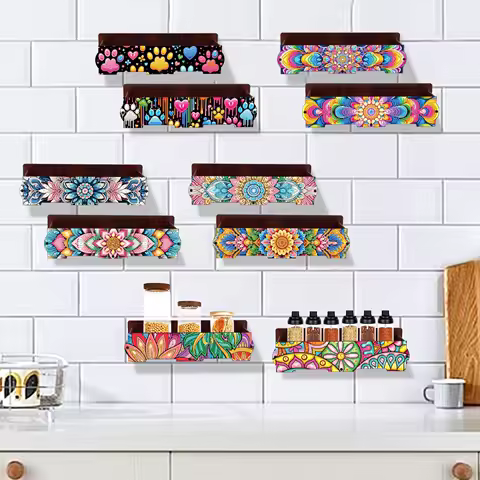 2PCS Diamond Painting Wall Shelf Storage Box Kits,Colorful Theme Special Shape Diamond Wooden Storage Creative Home Decor Gift